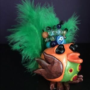 Clay Chubby Bird with Beads and Feathers